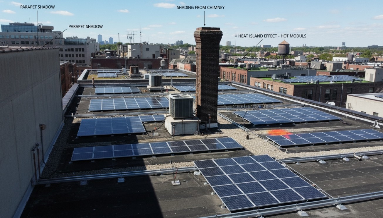 Urban rooftop PV modules affected by parapet shadow chimney shading heat island effect and limited rooftop access in city solar projects